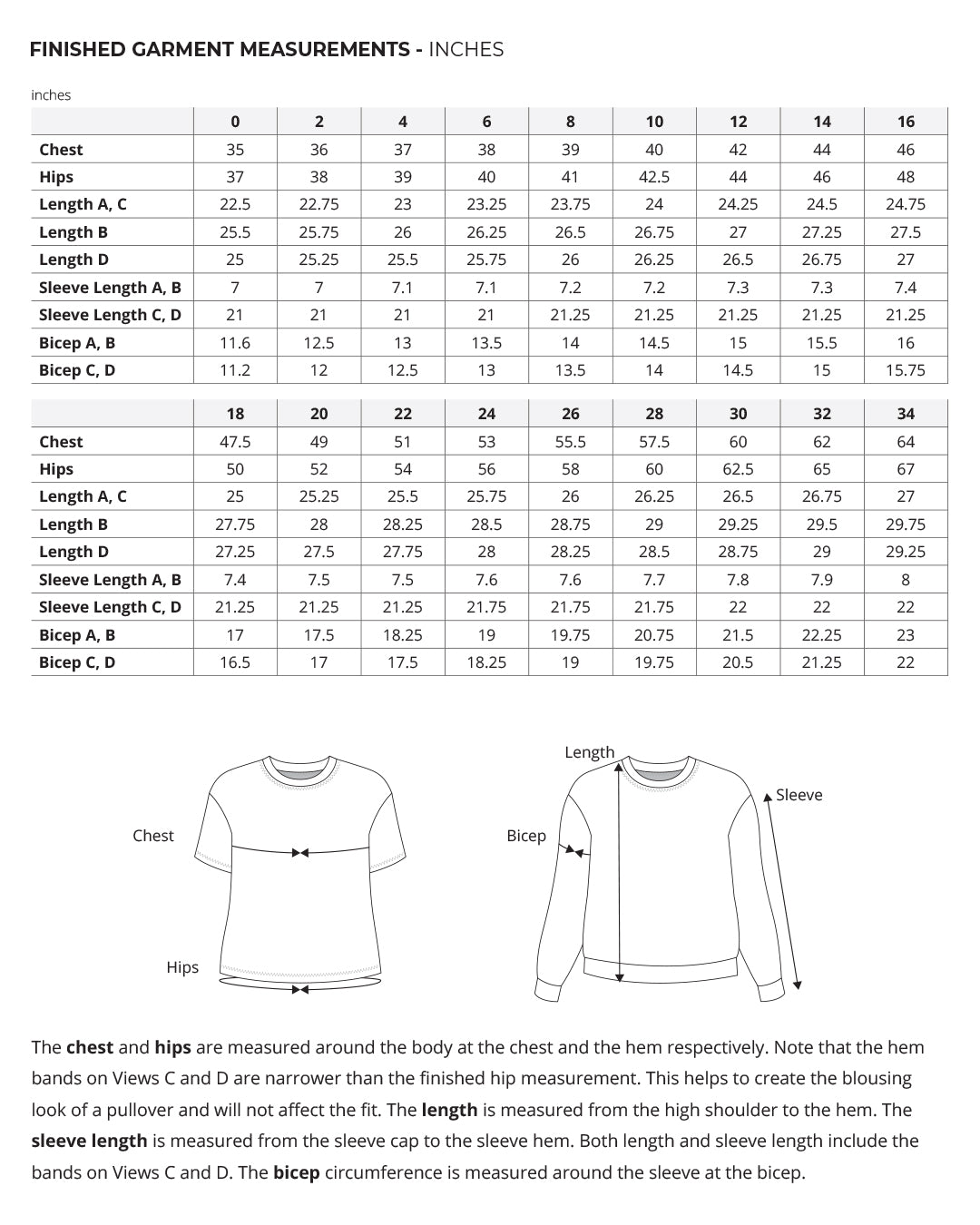Jackson Tee and Pullover finished garment measurements